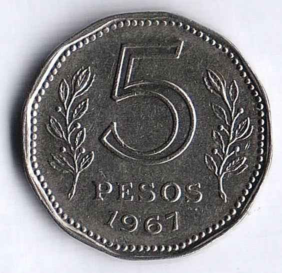 Монета 5 песо. 1967 год, Аргентина.