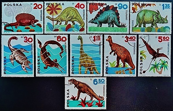 Набор почтовых марок (10 шт.). "Доисторические животные". 1965 год, Польша.