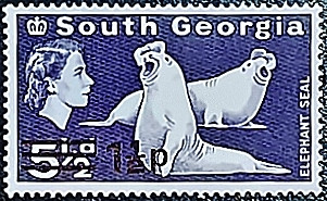 Марка почтовая (1½ p.). "Морской слон". 1971 год, Южная Георгия. Марка почтовая (1½ p.). "Морской слон". 1971 год, Южная Георгия.