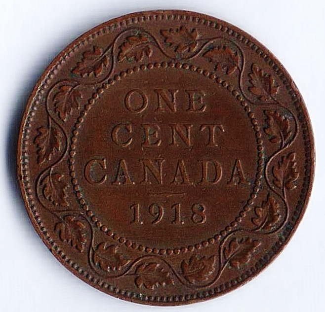 Монета 1 цент. 1918 год, Канада.