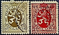 Набор почтовых марок (2 шт.). "Геральдический лев". 1929 год, Бельгия.