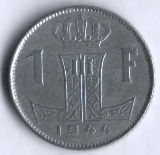 Монета 1 франк. 1944 год, Бельгия (Belgie-Belgique).
