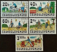 Набор почтовых марок (5 шт.). "Исторические велосипеды". 1979 год, Чехословакия.