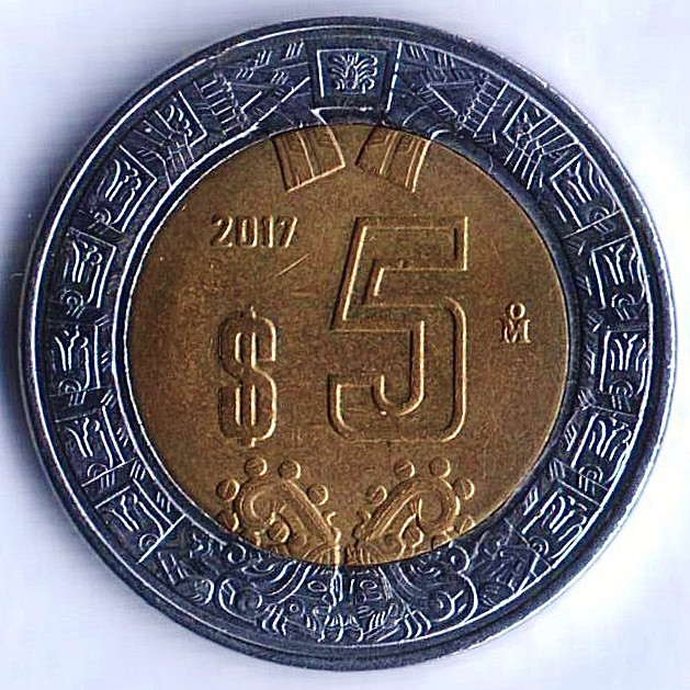 Монета 5 песо. 2017 год, Мексика.