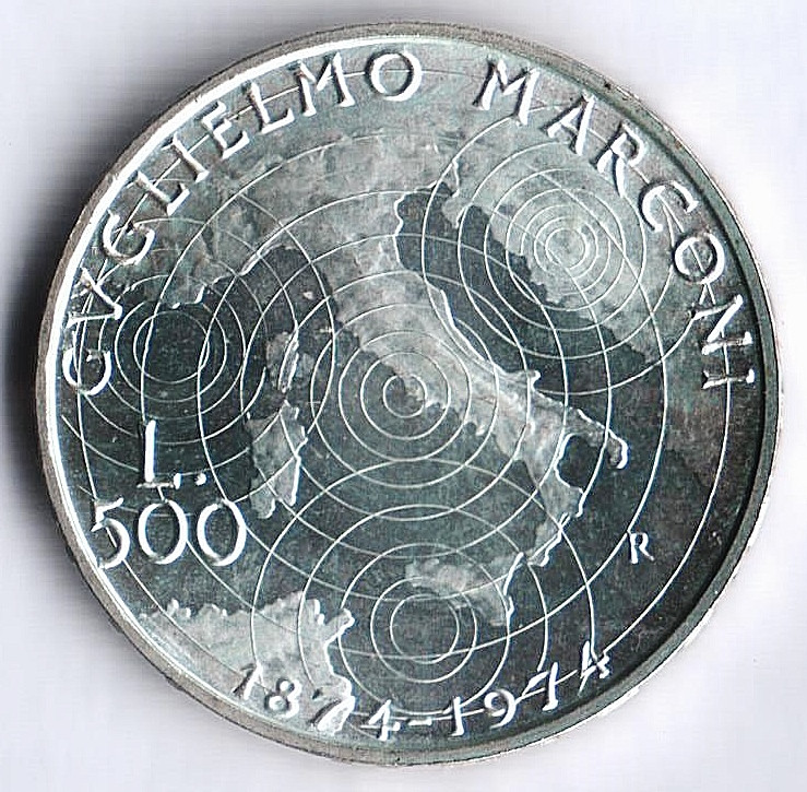 Монета 500 лир. 1974 год, Италия. 100 лет со дня рождения Гульельмо Маркони.