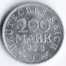 Монета 200 марок. 1923 год (J), Веймарская республика.