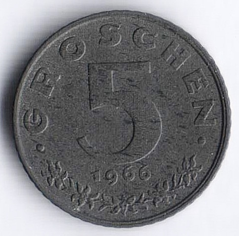 Монета 5 грошей. 1966 год, Австрия.