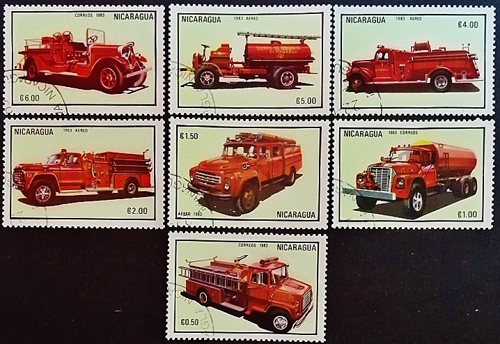 Набор почтовых марок (7 шт.). "Пожарные машины". 1983 год, Никарагуа.