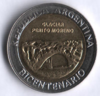 Монета 1 песо. 2010 год, Аргентина. 200-летие революции, ледник Перито-Морено.