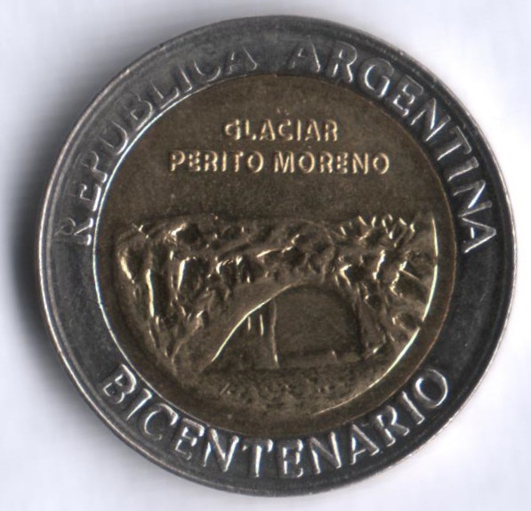 Монета 1 песо. 2010 год, Аргентина. 200-летие революции, ледник Перито-Морено.