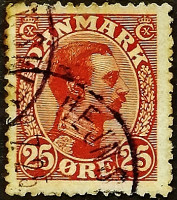 Почтовая марка (25 ö.). "Король Кристиан X". 1922 год, Дания.