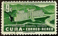 Почтовая марка (9 c.). "Санаторий генерала Батисты". 1954 год, Куба.