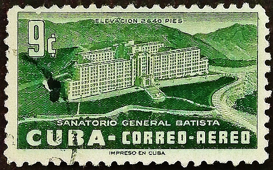 Почтовая марка (9 c.). "Санаторий генерала Батисты". 1954 год, Куба.