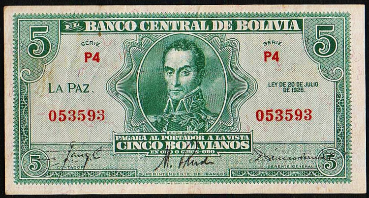 Бона 5 боливиано. 1928 год, Боливия.