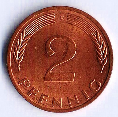 Монета 2 пфеннига. 1976(F) год, ФРГ.