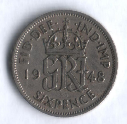Монета 6 пенсов. 1948 год, Великобритания.