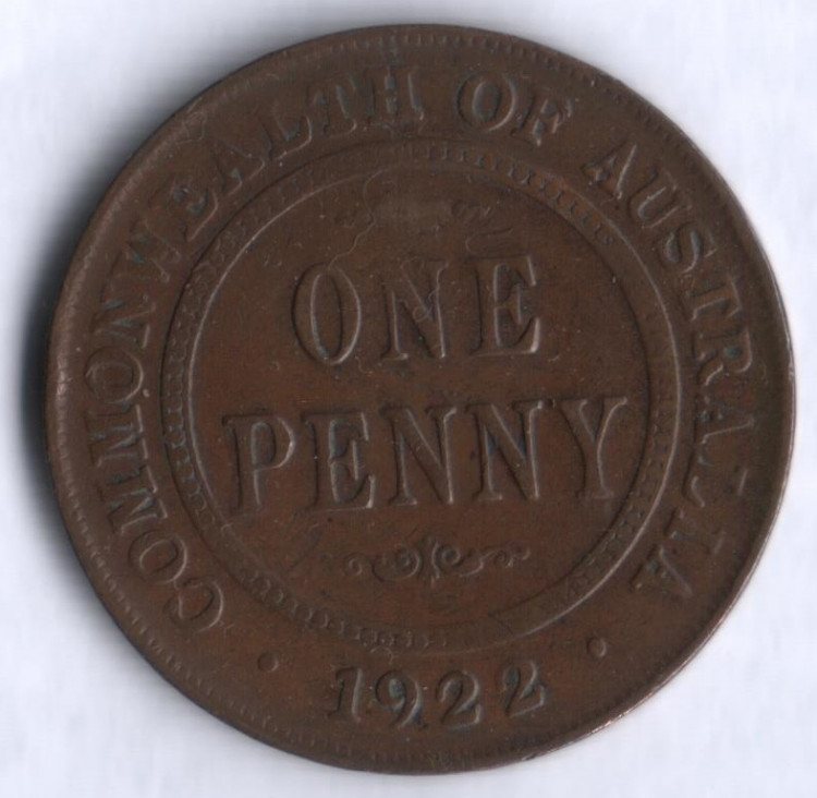 Монета 1 пенни. 1922 год, Австралия.