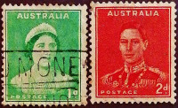 Набор почтовых марок (2 шт.). "Король Георг VI и королева Елизавета". 1938 год, Австралия.