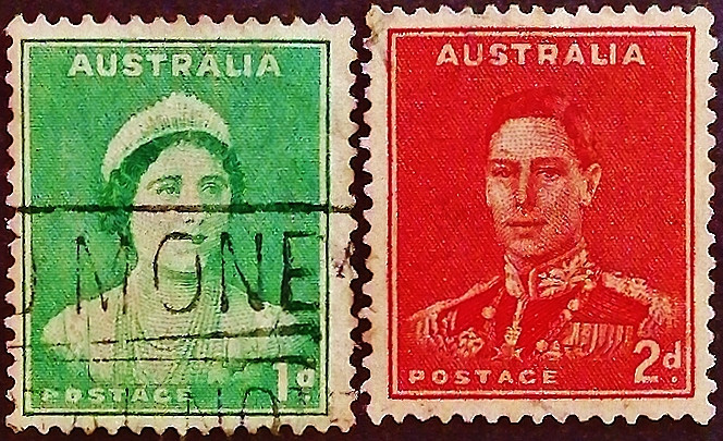 Набор почтовых марок (2 шт.). "Король Георг VI и королева Елизавета". 1938 год, Австралия.