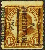 Почтовая марка (1⅟₂ c.). "Уоррен Г. Хардинг". 1925 год, США. Предварительное гашение "PHILADELPHIA/PA.".