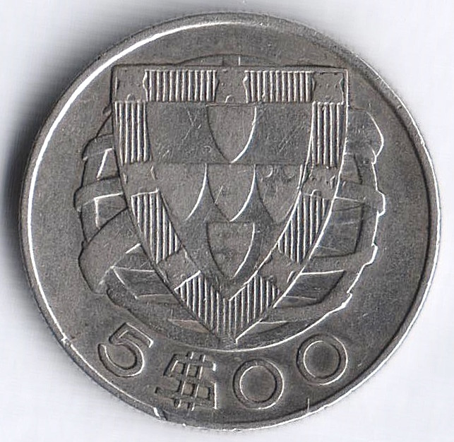 Монета 5 эскудо. 1942 год, Португалия.