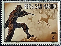 Марка почтовая (4 l.). "Охота". 1962 год, Сан-Марино.