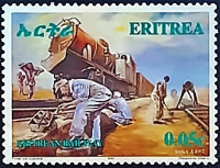 Марка почтовая (0,05 c.). "Строительство железной дороги". 2004 год, Эритрея.