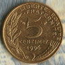 Монета 5 сантимов. 1996 год, Франция. 3 складки.