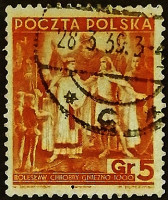 Почтовая марка. "Болеслав I Храбрый встречает Оттона III в Гнезно". 1938 год, Польша.