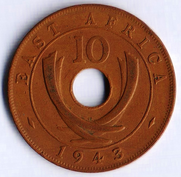 Монета 10 центов. 1943(SA) год, Британская Восточная Африка.