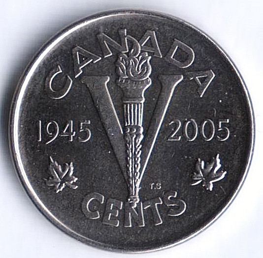 Монета 5 центов. 2005(P) год, Канада. 60 лет окончания Второй мировой войны.