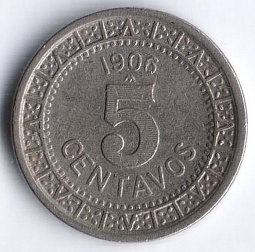 Монета 5 сентаво. 1906 год, Мексика.
