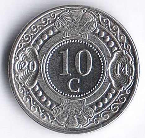 Монета 10 центов. 2014 год, Нидерландские Антильские острова.