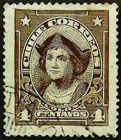Почтовая марка (4 c.). "Христофор Колумб". 1916 год, Чили.