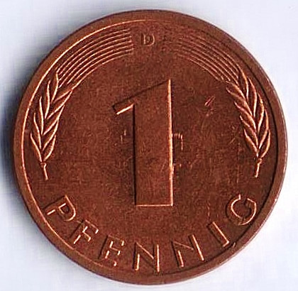 Монета 1 пфенниг. 1994(D) год, ФРГ.