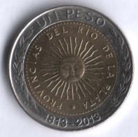 Монета 1 песо. 2013 год, Аргентина. Дизайн первой аргентинской монеты, 200 лет(1813-2013).