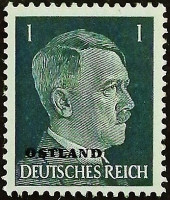 Марка почтовая (1 rpf.). "Адольф Гитлер «OSTLAND»". 1941 год, СССР (Германская оккупация в ВОВ).