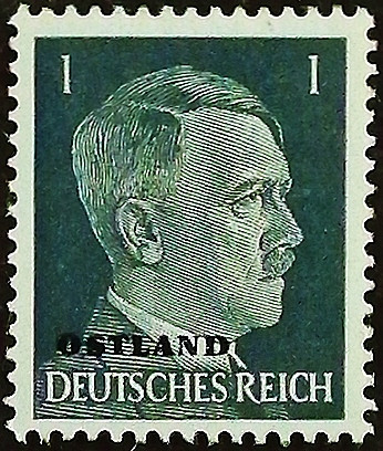 Марка почтовая (1 rpf.). "Адольф Гитлер «OSTLAND»". 1941 год, СССР (Германская оккупация в ВОВ).