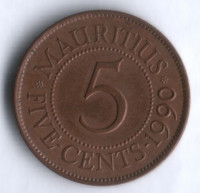 Монета 5 центов. 1990 год, Маврикий.