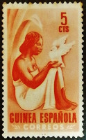 Марка почтовая (5 c.). "Женщина и голубь". 1953 год, Испанская Гвинея.