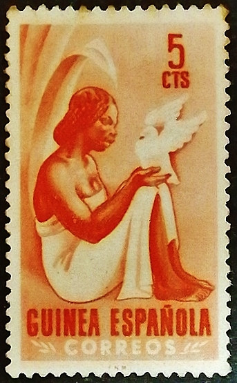Марка почтовая (5 c.). "Женщина и голубь". 1953 год, Испанская Гвинея.