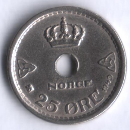 Монета 25 эре. 1949 год, Норвегия.