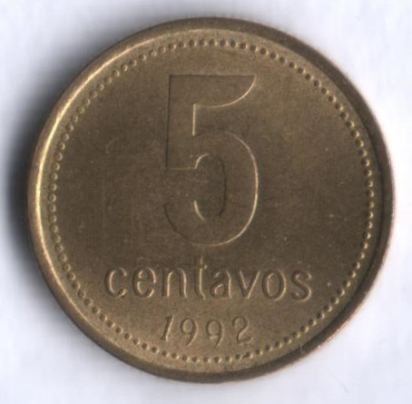 Монета 5 сентаво. 1992 год, Аргентина.