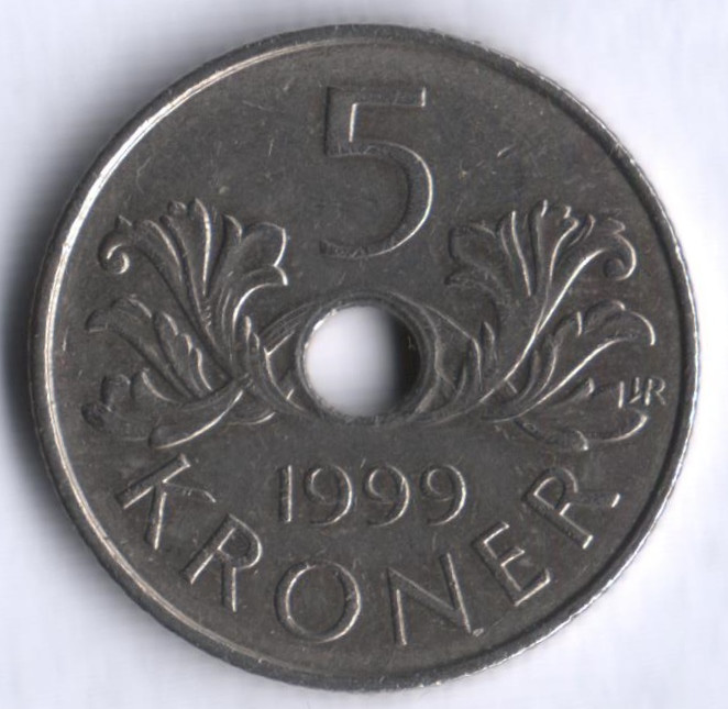 Монета 5 крон. 1999 год, Норвегия.