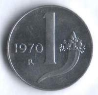 Монета 1 лира. 1970 год, Италия.