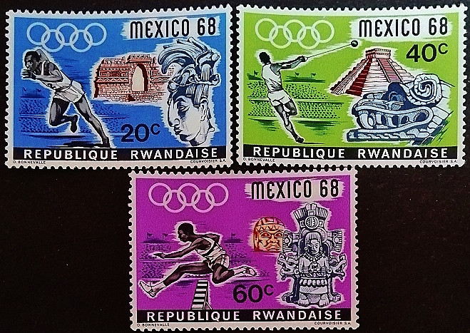 Набор марок (3 шт.). "Летние Олимпийские игры, Мехико`1968 (I)". 1968 год, Руанда.