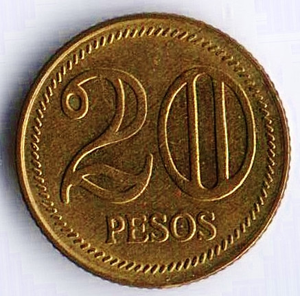 Монета 20 песо. 2004 год, Колумбия.