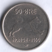 Монета 50 эре. 1960 год, Норвегия.