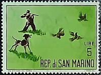 Марка почтовая (5 l.). "Охота". 1962 год, Сан-Марино.