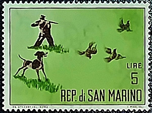 Марка почтовая (5 l.). "Охота". 1962 год, Сан-Марино.